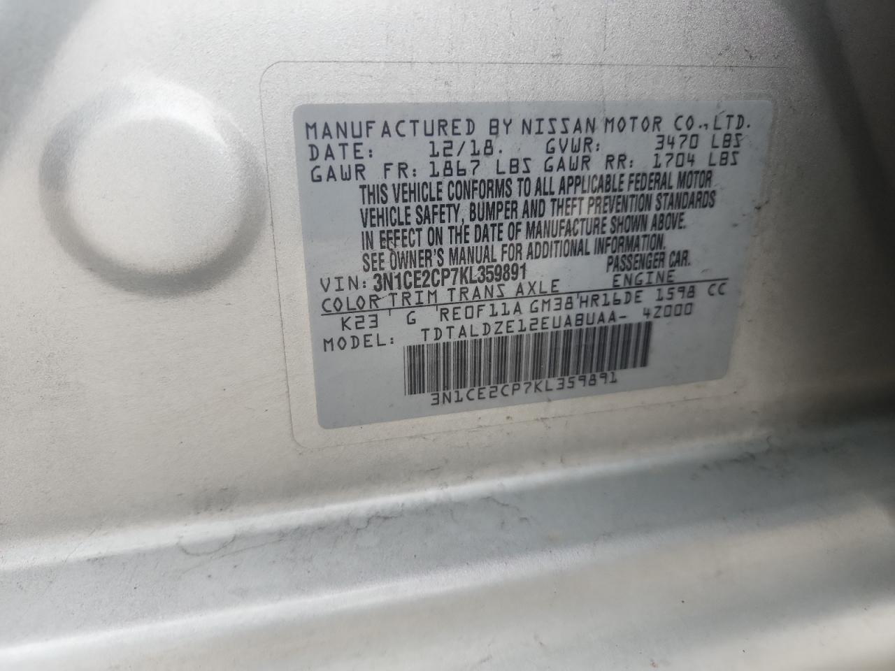 2019 Nissan Versa Note S VIN: 3N1CE2CP7KL359891 Lot: 90017215