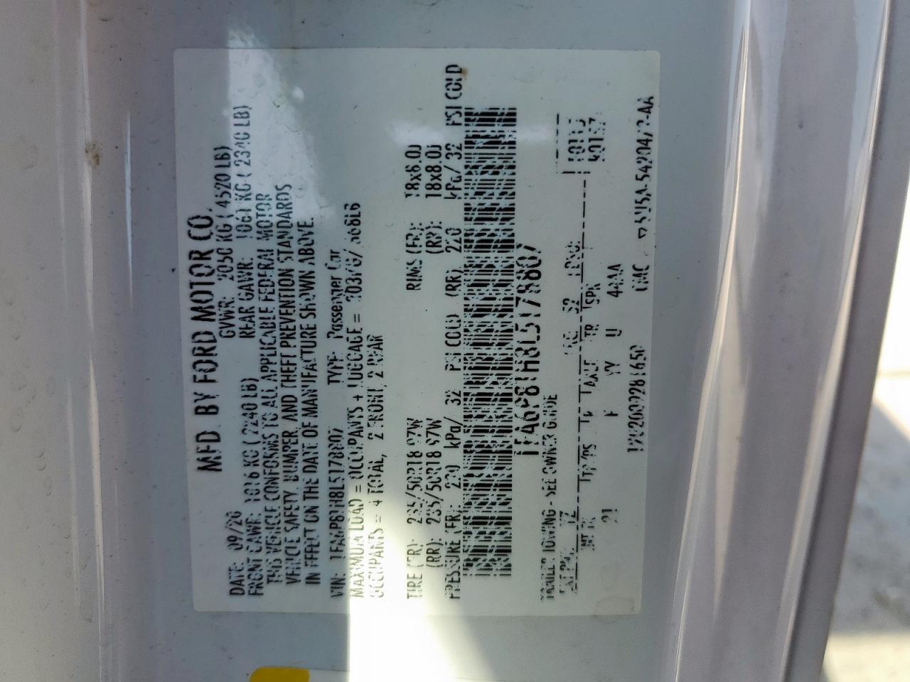 2020 Ford Mustang VIN: 1FA6P8TH8L5178807 Lot: 85181545