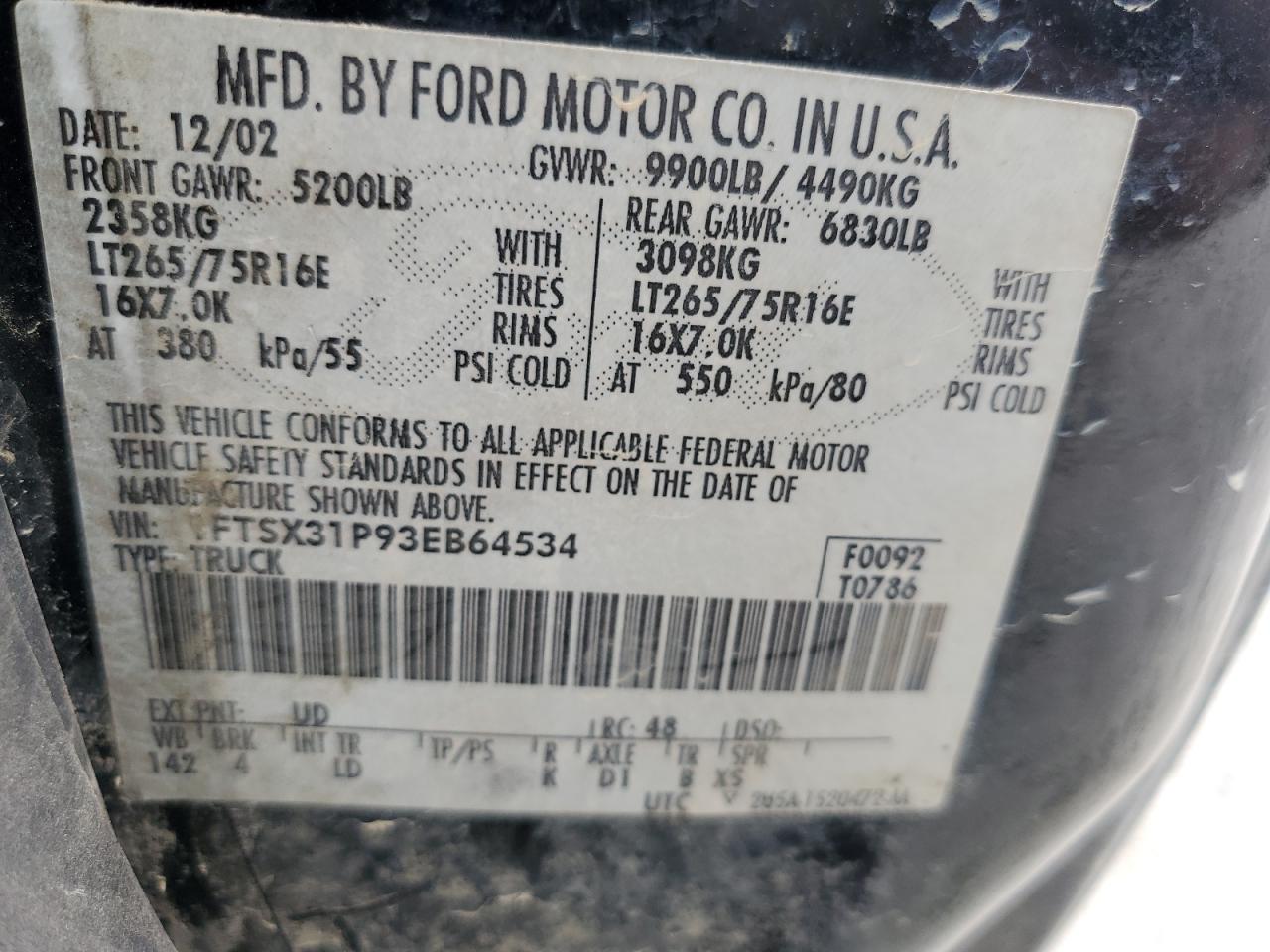 2003 Ford F350 Srw Super Duty VIN: 1FTSX31P93EB64534 Lot: 82239085