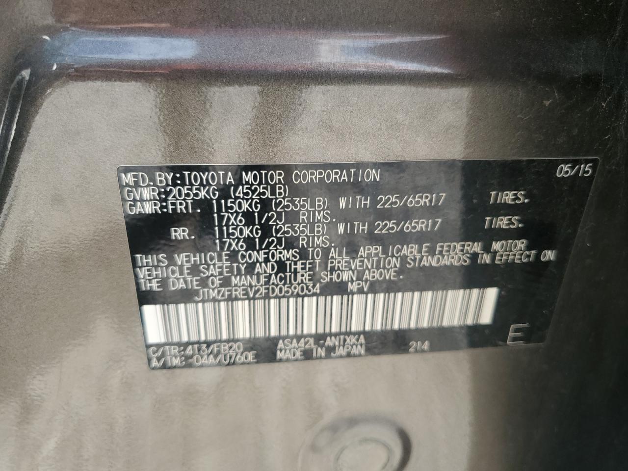 2015 Toyota Rav4 Le VIN: JTMZFREV2FD059034 Lot: 85566105