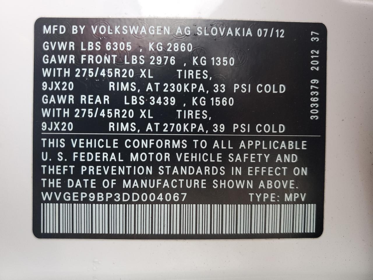 2013 Volkswagen Touareg V6 Tdi VIN: WVGEP9BP3DD004067 Lot: 85921655