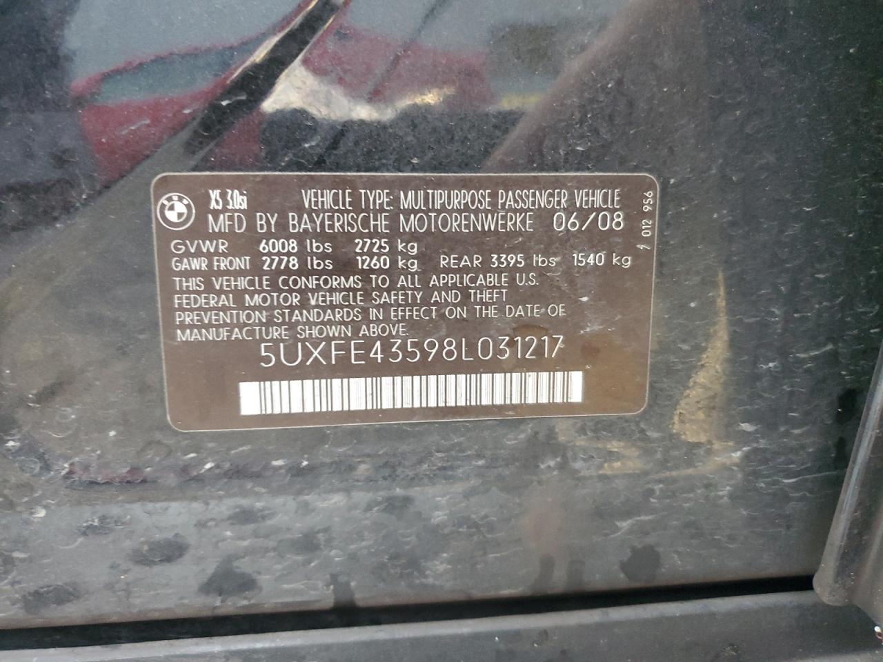 2008 BMW X5 3.0I VIN: 5UXFE43598L031217 Lot: 90481365