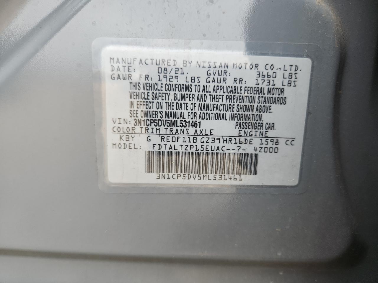 2021 Nissan Kicks Sr VIN: 3N1CP5DV5ML531461 Lot: 81834345