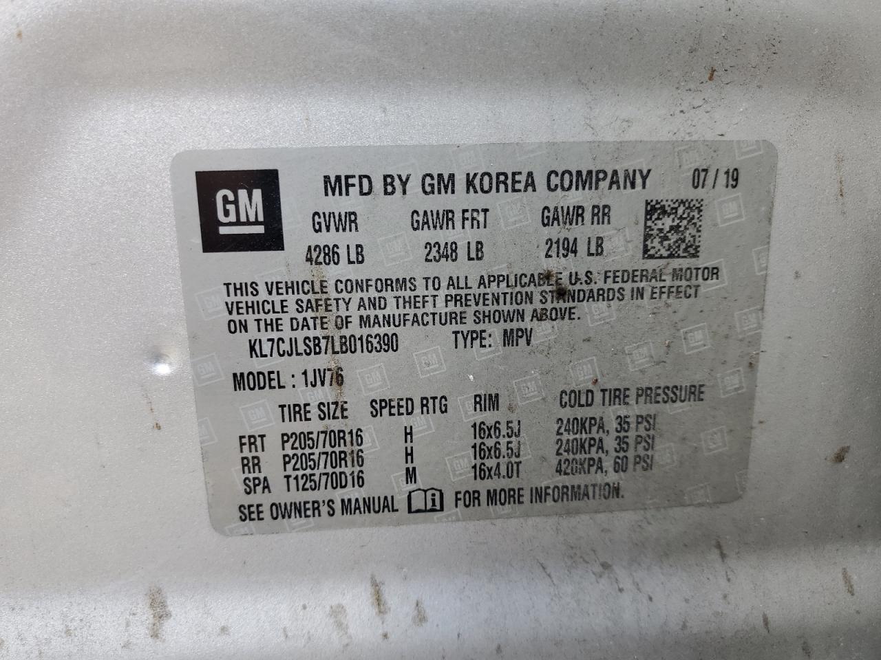 2020 Chevrolet Trax 1Lt VIN: KL7CJLSB7LB016390 Lot: 87239945