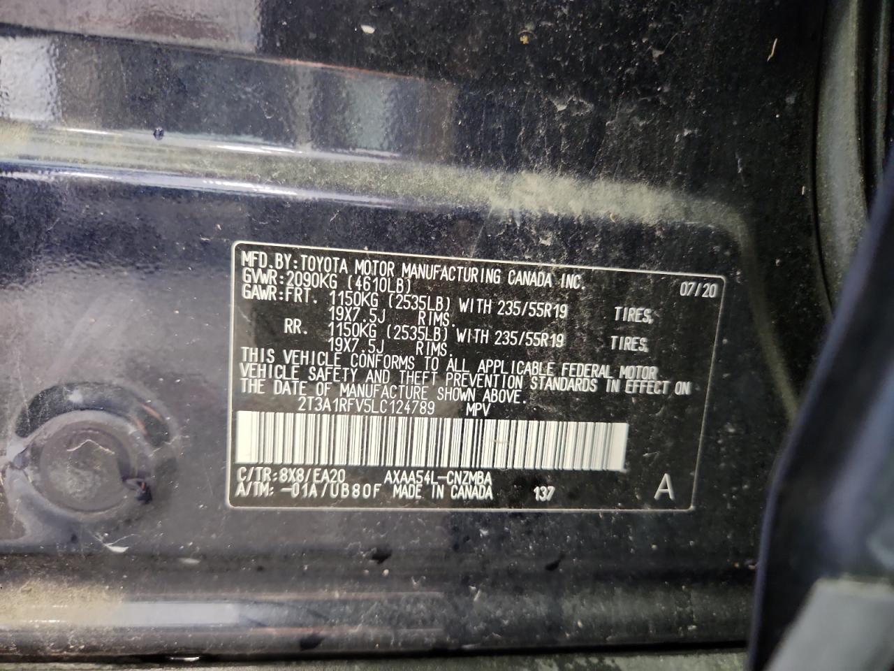 2020 Toyota Rav4 Xle Premium VIN: 2T3A1RFV5LC124789 Lot: 82317955