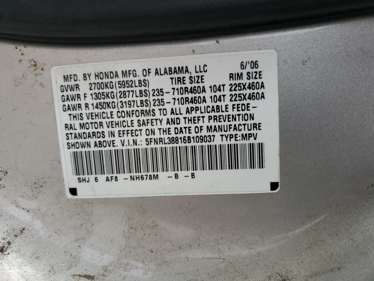 2006 Honda Odyssey Touring VIN: 5FNRL38816B109037 Lot: 84987505