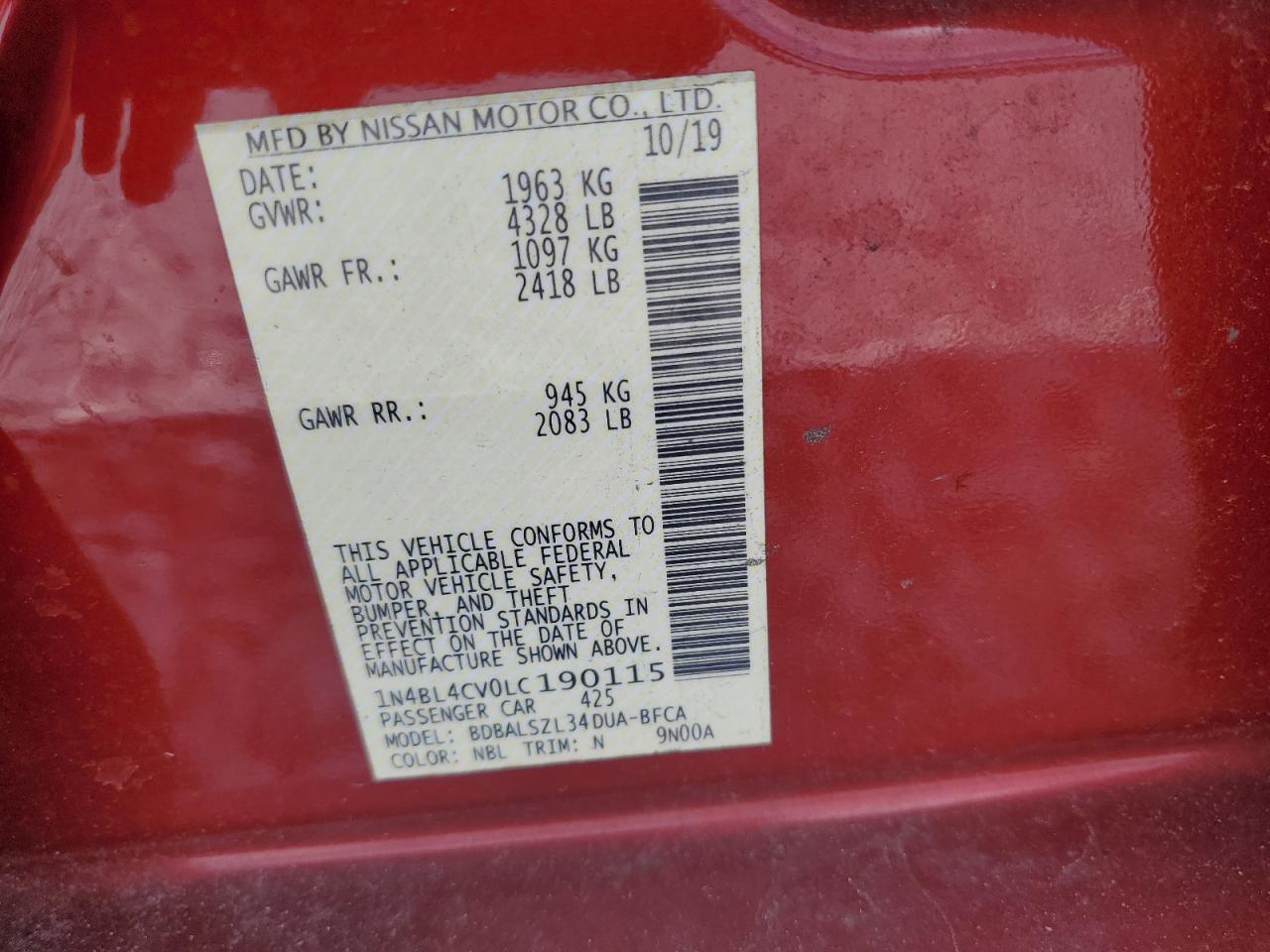 2020 Nissan Altima Sr VIN: 1N4BL4CV0LC190115 Lot: 85647385