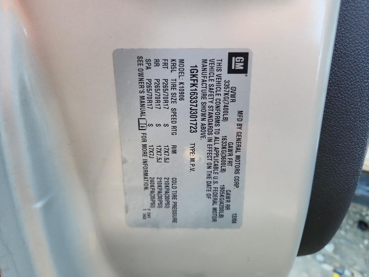 2007 GMC Yukon Xl VIN: 1GKFK16337J301723 Lot: 81869775