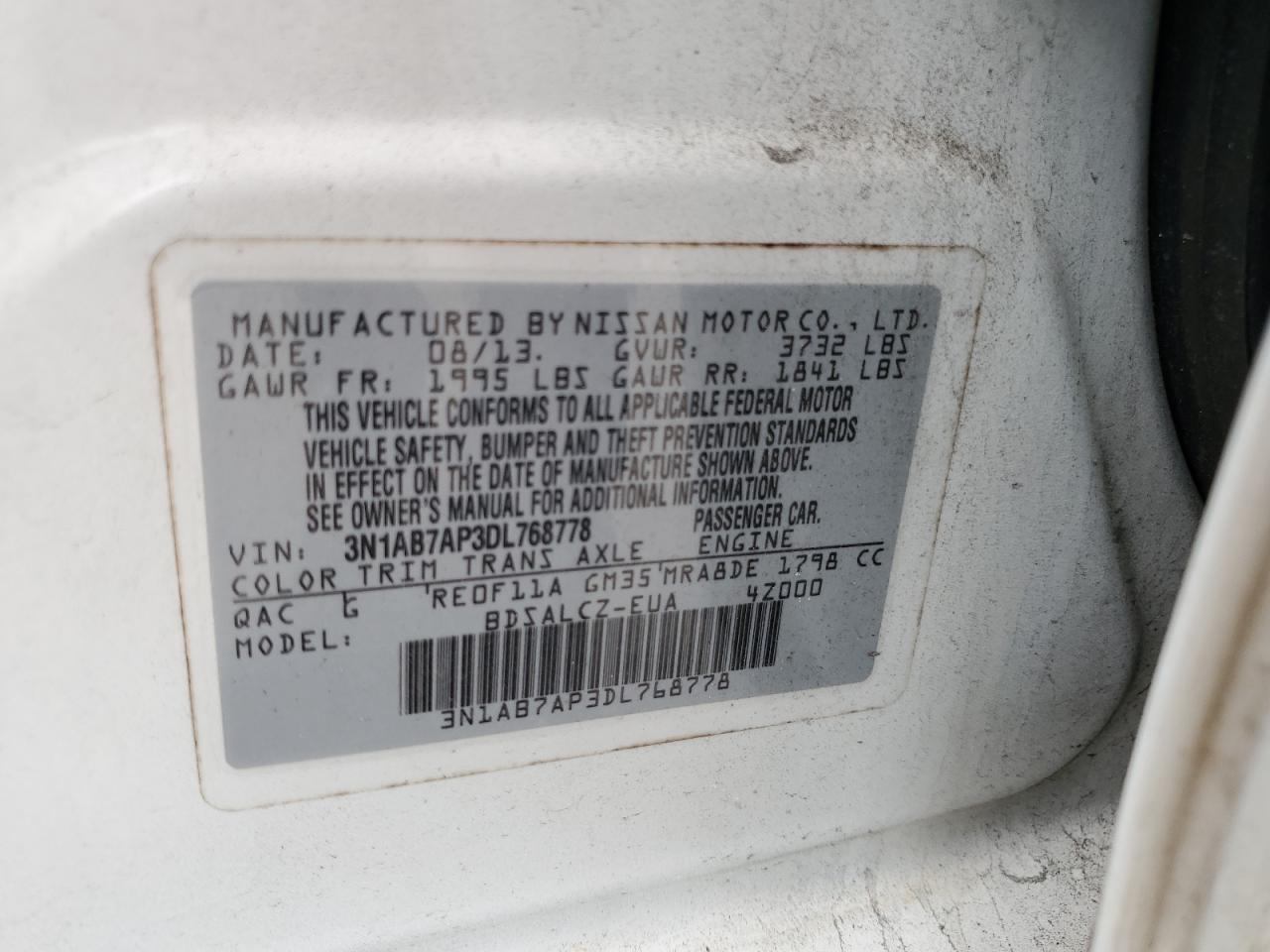 2013 Nissan Sentra S VIN: 3N1AB7AP3DL768778 Lot: 82364775