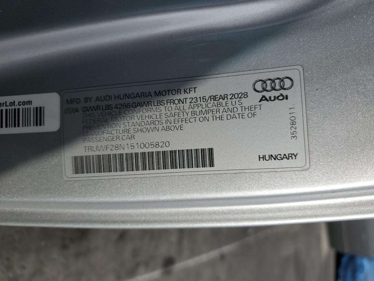 2005 Audi Tt 3.2 Quattro VIN: TRUWF28N151005820 Lot: 82463945