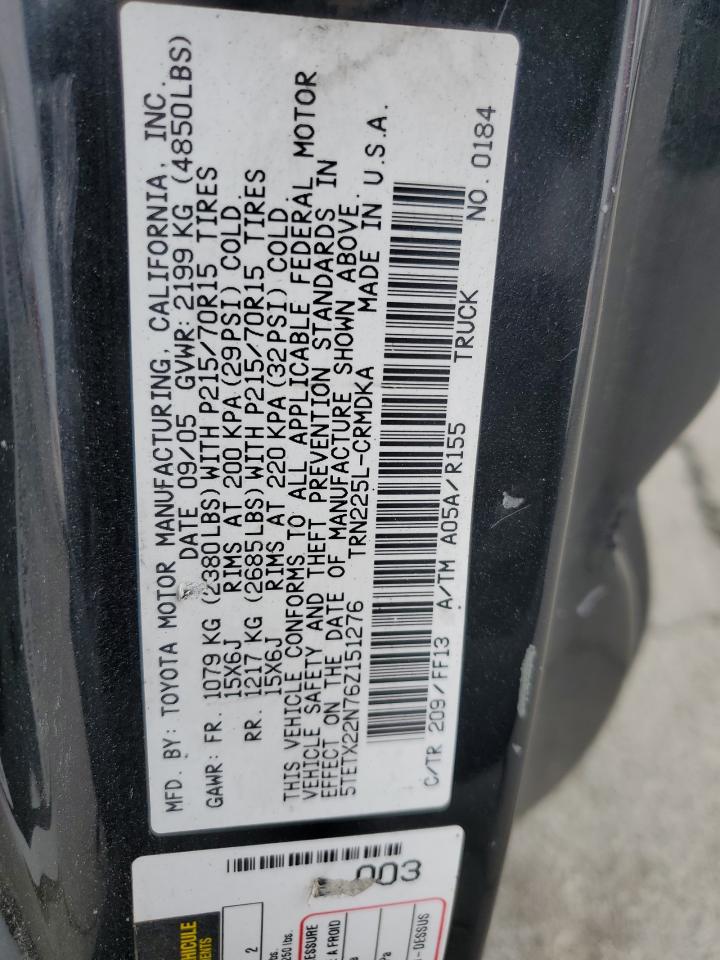 2006 Toyota Tacoma Access Cab VIN: 5TETX22N76Z151276 Lot: 81988625