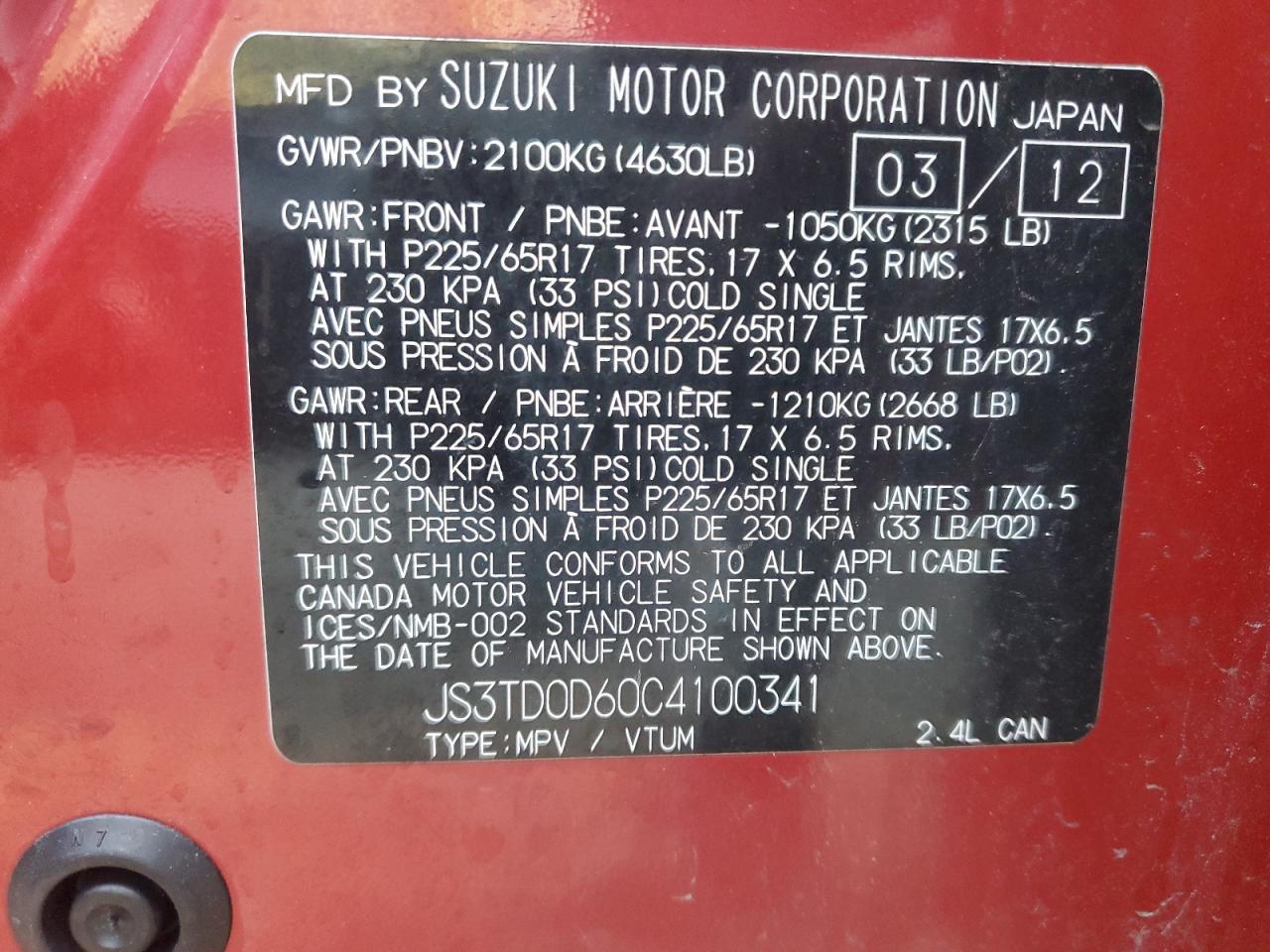 2012 Suzuki Grand Vitara Premium VIN: JS3TD0D60C4100341 Lot: 85161945