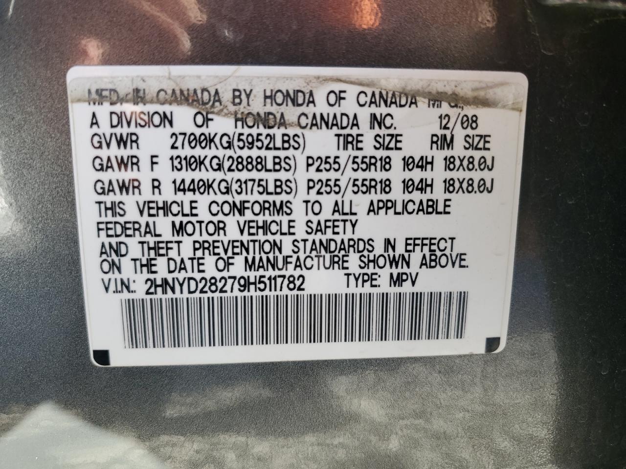 2009 Acura Mdx VIN: 2HNYD28279H511782 Lot: 85838295