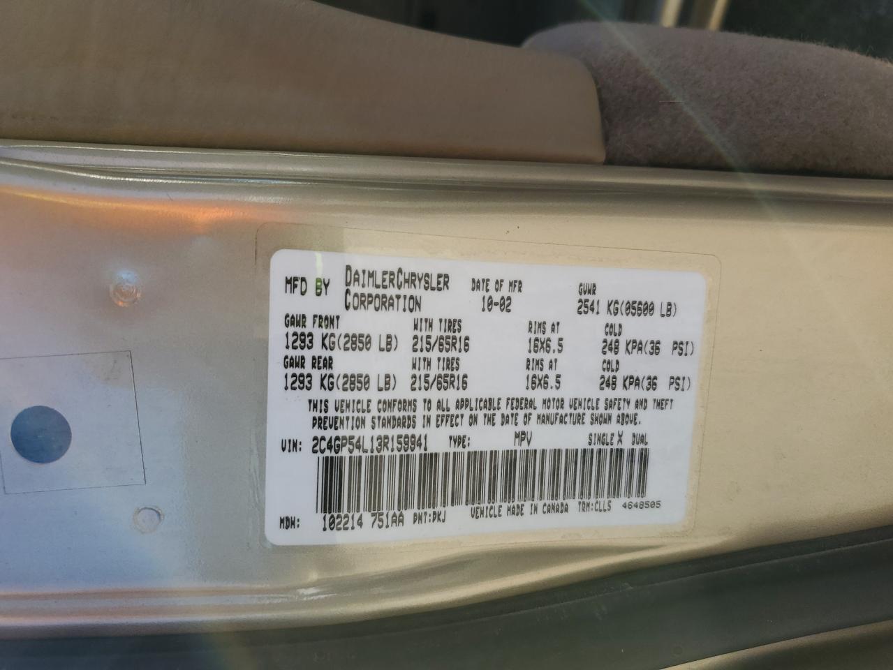 2003 Chrysler Town & Country Lxi VIN: 2C4GP54L13R159941 Lot: 85280405