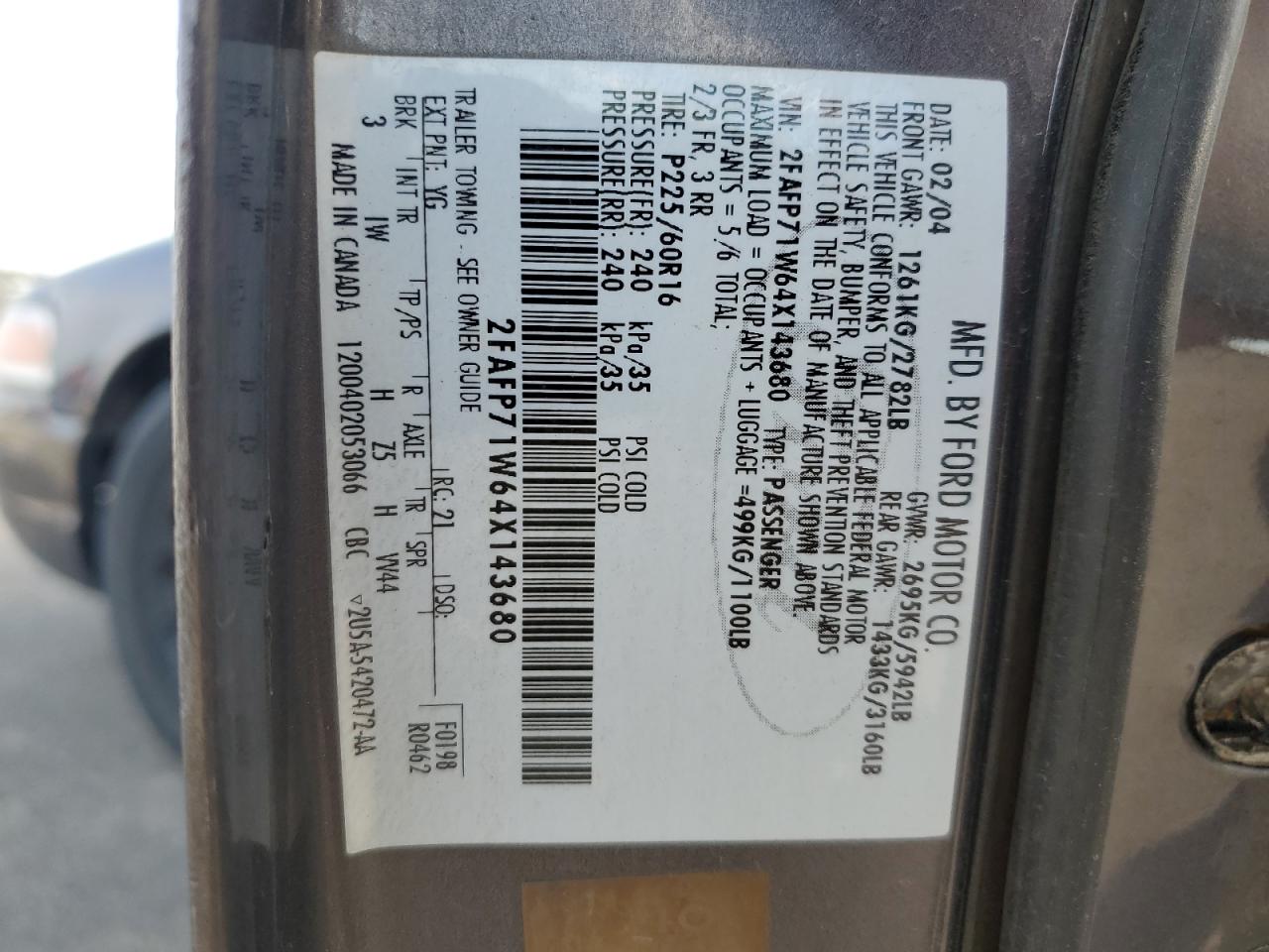 2004 Ford Crown Victoria Police Interceptor VIN: 2FAFP71W64X143680 Lot: 85373765