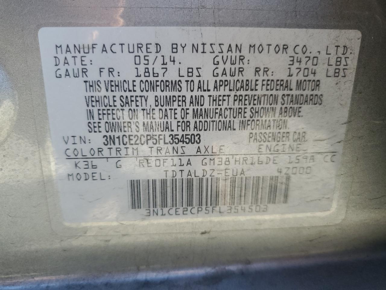2015 Nissan Versa Note S VIN: 3N1CE2CP5FL354503 Lot: 82572985
