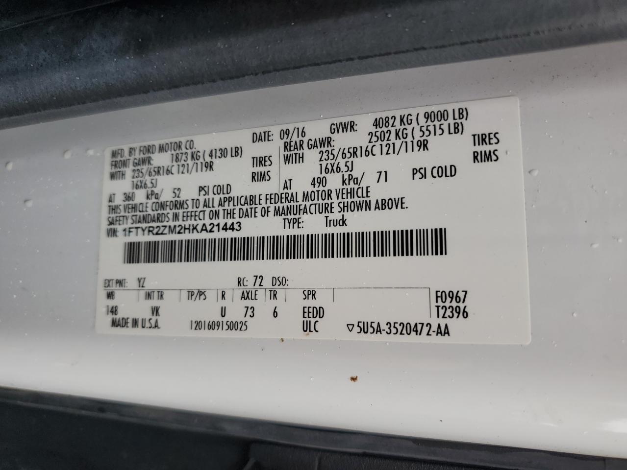 2017 Ford Transit T-250 VIN: 1FTYR2ZM2HKA21443 Lot: 86744345