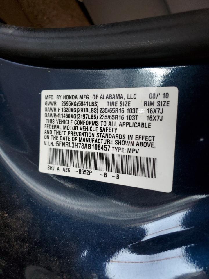 2010 Honda Odyssey Exl VIN: 5FNRL3H78AB106457 Lot: 87111855