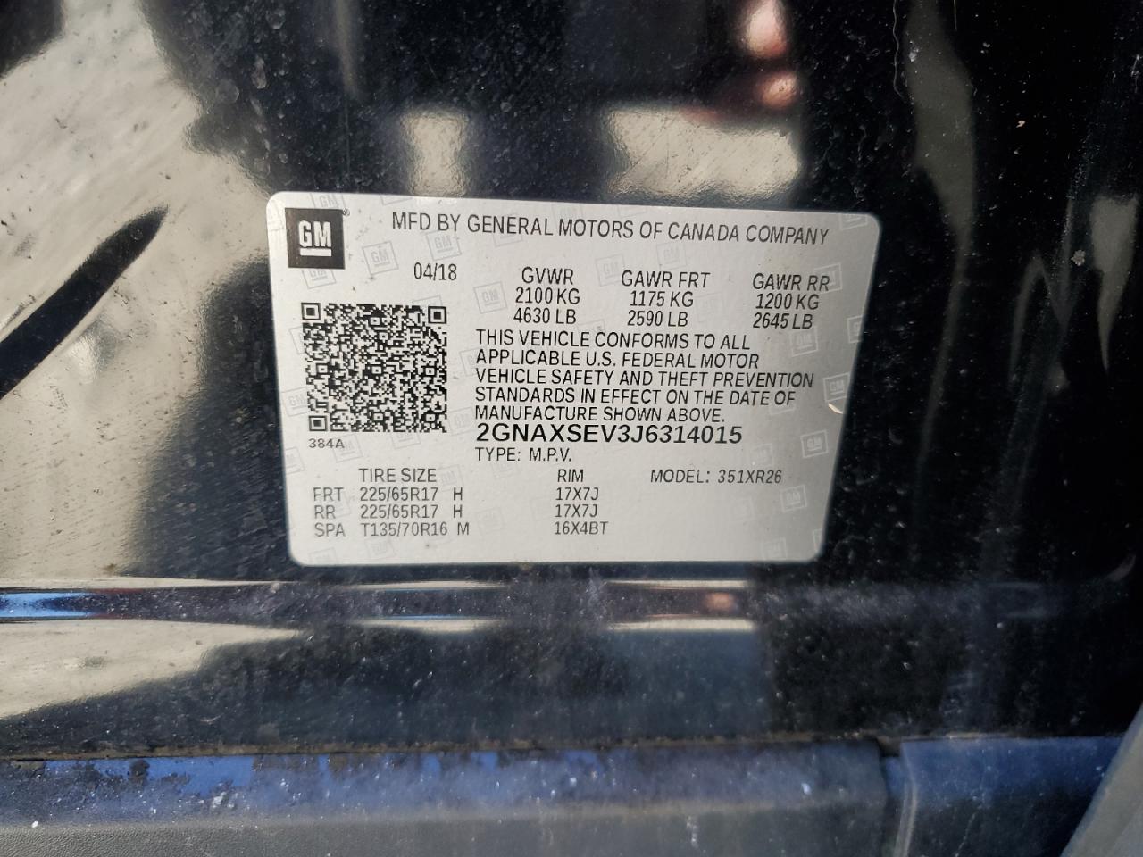 2018 Chevrolet Equinox Lt VIN: 2GNAXSEV3J6314015 Lot: 87269795