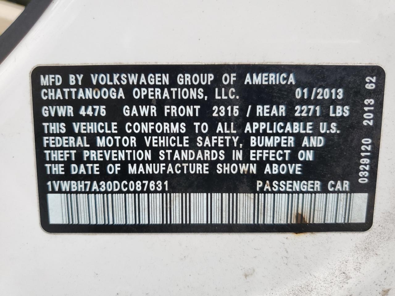 2013 Volkswagen Passat Se VIN: 1VWBH7A30DC087631 Lot: 86277255