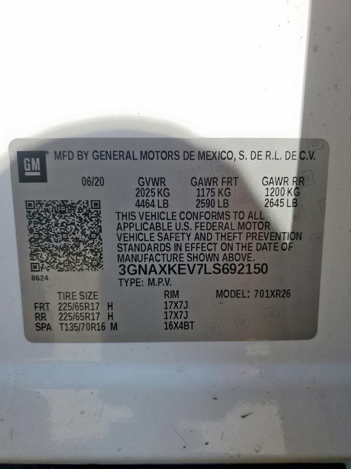 2020 Chevrolet Equinox Lt VIN: 3GNAXKEV7LS692150 Lot: 81970125