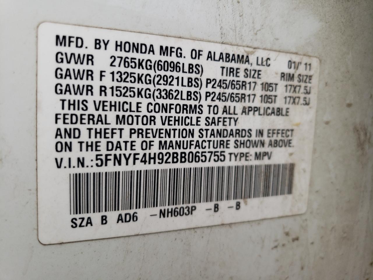 2011 Honda Pilot Touring VIN: 5FNYF4H92BB065755 Lot: 82325895
