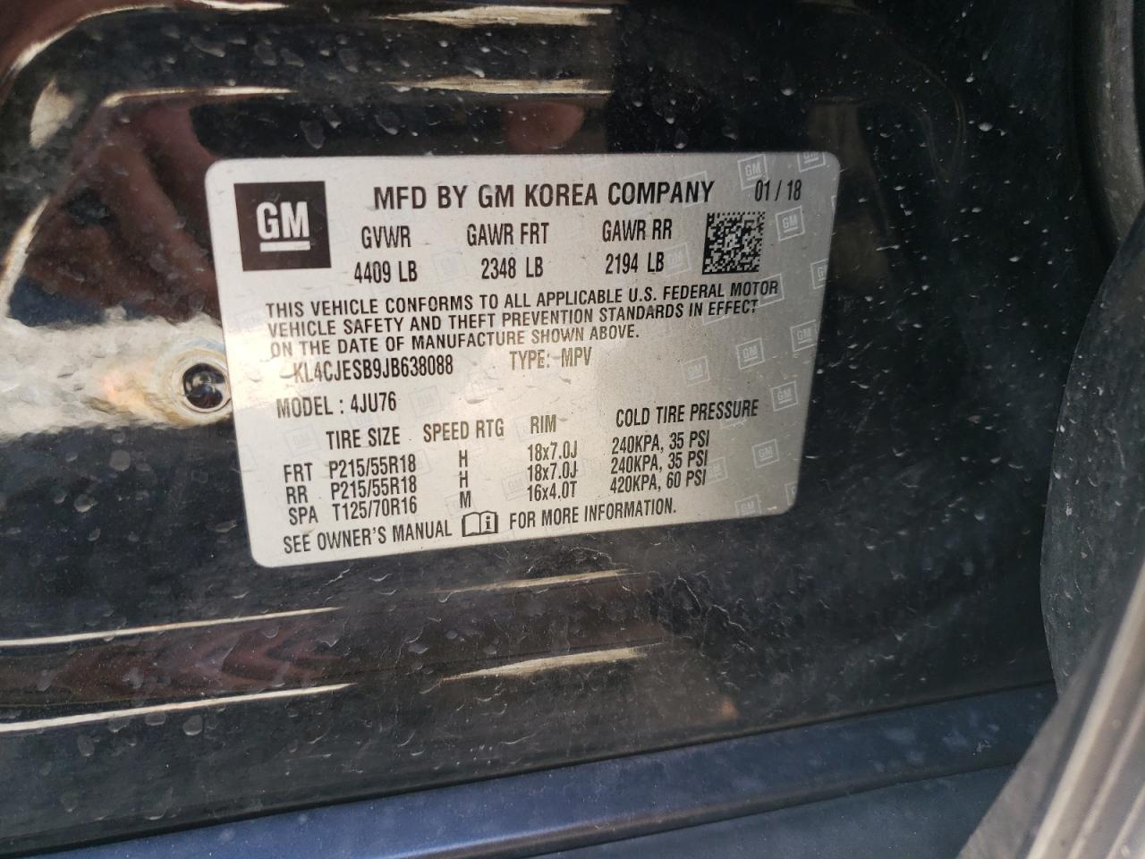 2018 Buick Encore Preferred VIN: KL4CJESB9JB638088 Lot: 84060685