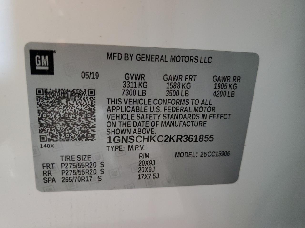 2019 Chevrolet Suburban C1500 Lt VIN: 1GNSCHKC2KR361855 Lot: 84461665