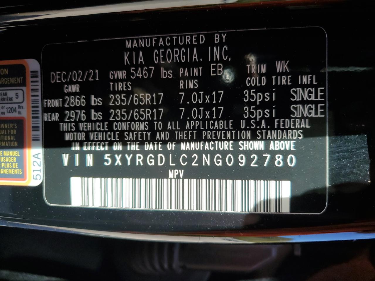 2022 Kia Sorento Lx VIN: 5XYRGDLC2NG092780 Lot: 85509465