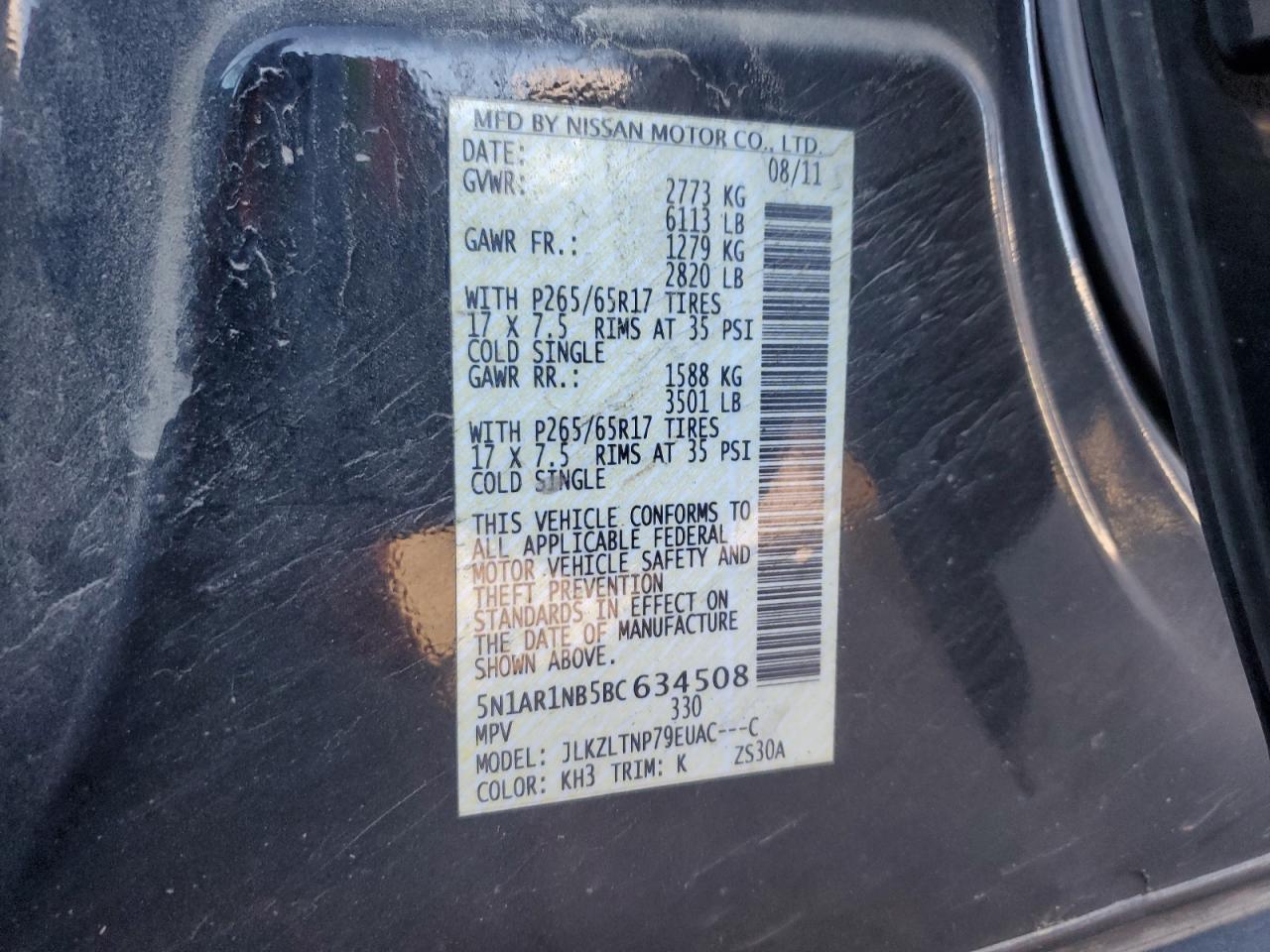 2011 Nissan Pathfinder S VIN: 5N1AR1NB5BC634508 Lot: 82370015