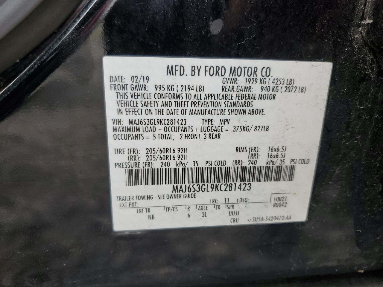 2019 Ford Ecosport Se VIN: MAJ6S3GL9KC281423 Lot: 82283595