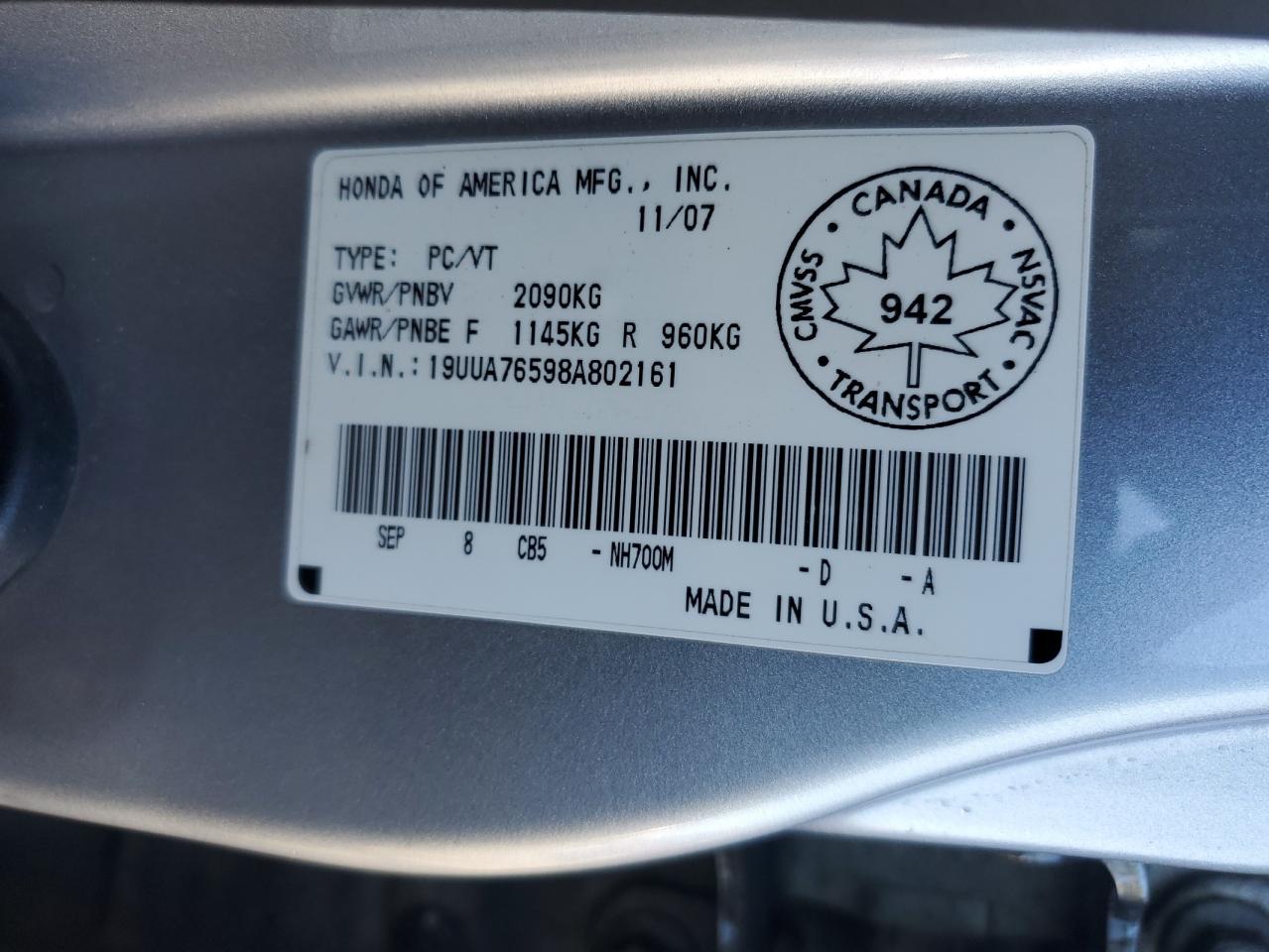 2008 Acura Tl Type S VIN: 19UUA76598A802161 Lot: 84995355