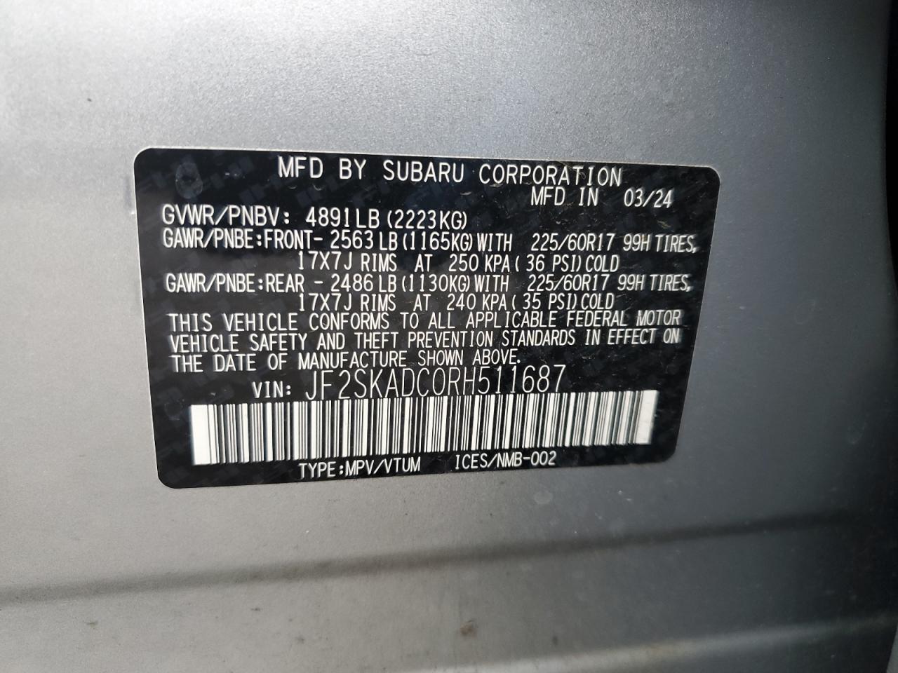 2024 Subaru Forester Premium VIN: JF2SKADC0RH511687 Lot: 85001015