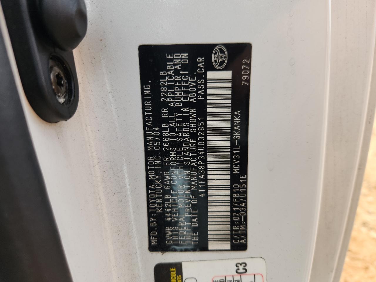 2004 Toyota Camry Solara Se VIN: 4T1FA38P34U032851 Lot: 86106285