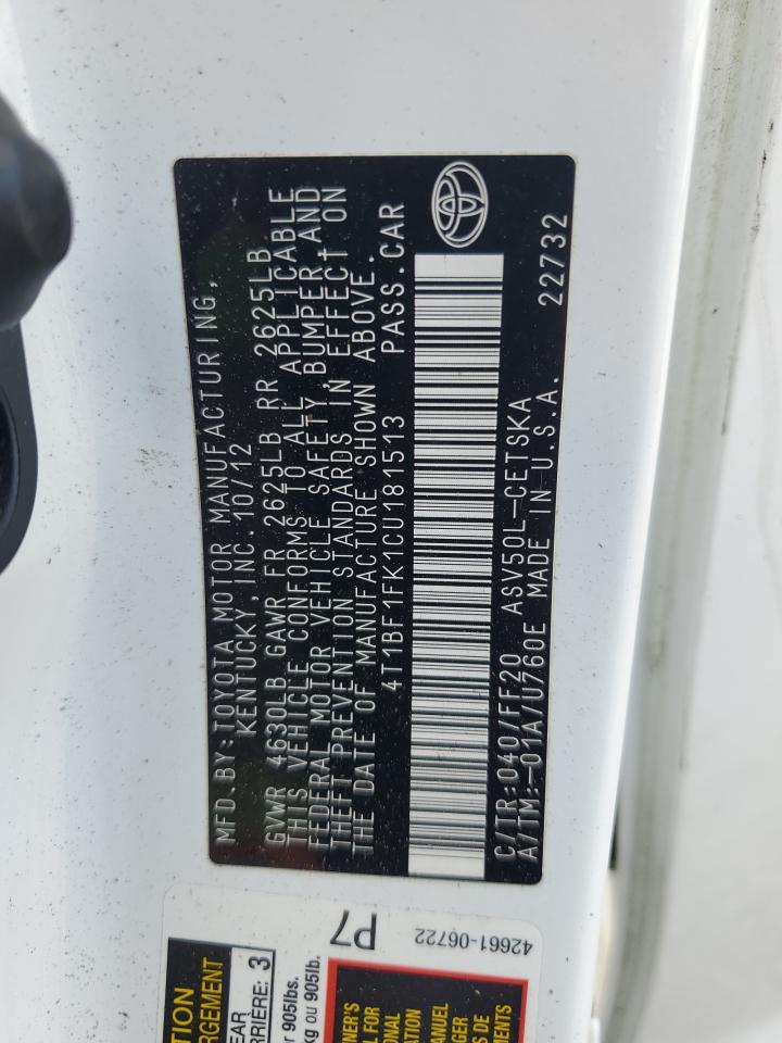 2012 Toyota Camry Base VIN: 4T1BF1FK1CU181513 Lot: 86116245