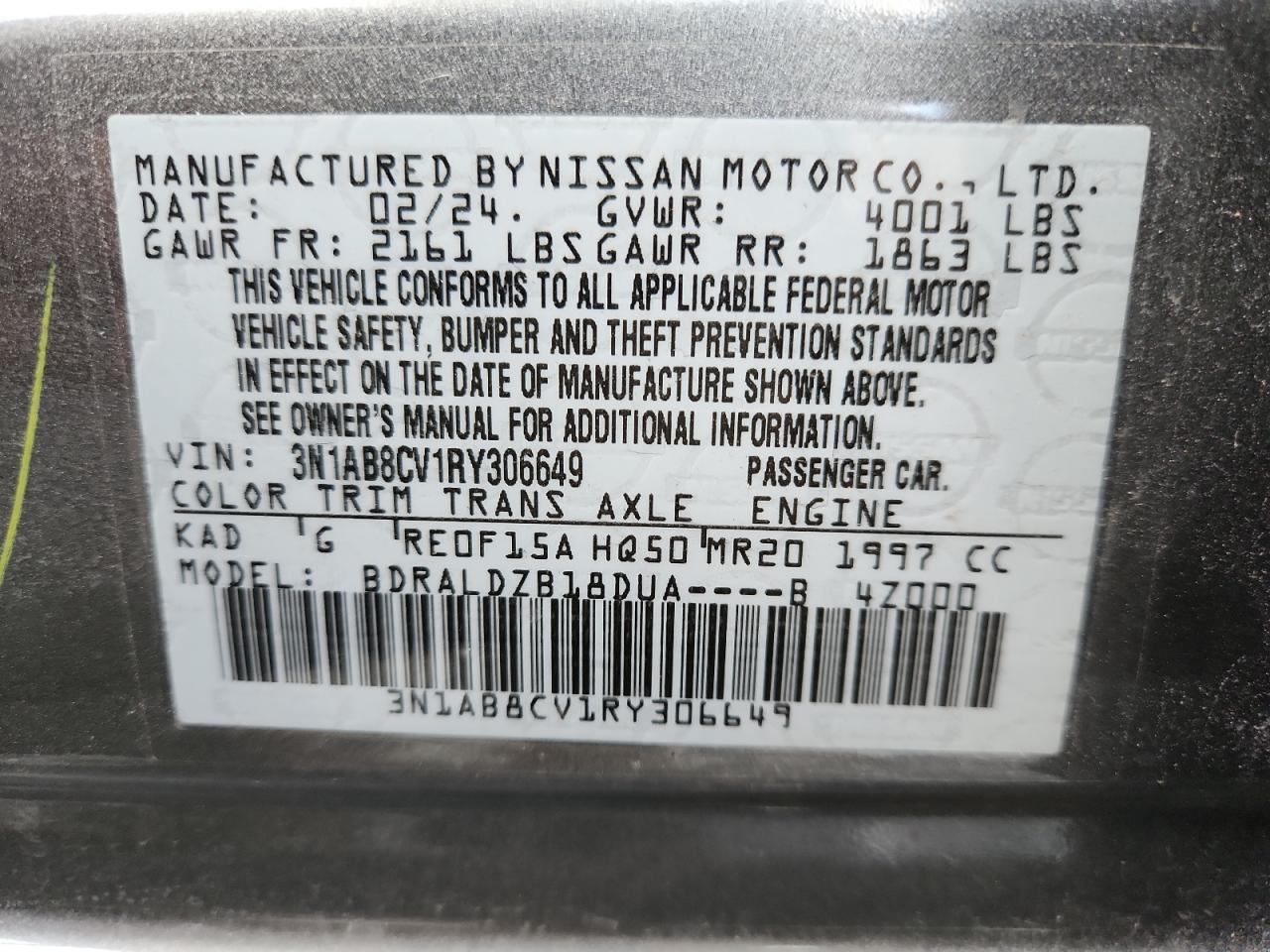 2024 Nissan Sentra Sv VIN: 3N1AB8CV1RY306649 Lot: 85705365