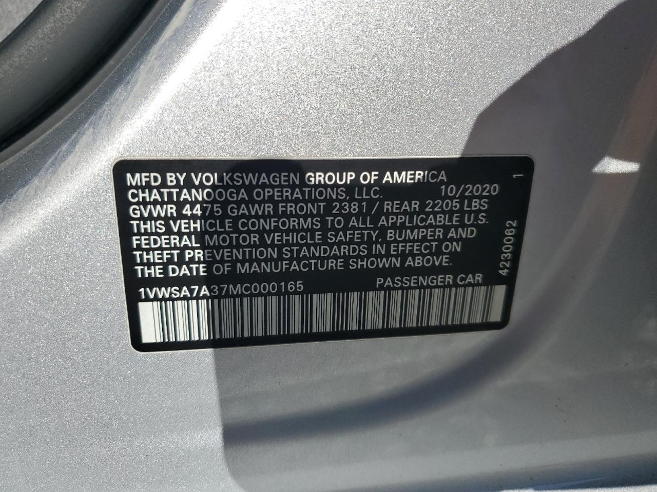 2021 Volkswagen Passat Se VIN: 1VWSA7A37MC000165 Lot: 87229715
