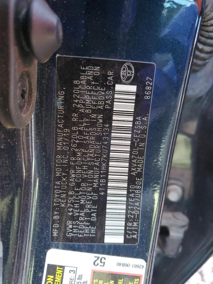 2019 Toyota Camry L VIN: 4T1B11HK7KU743134 Lot: 84521615