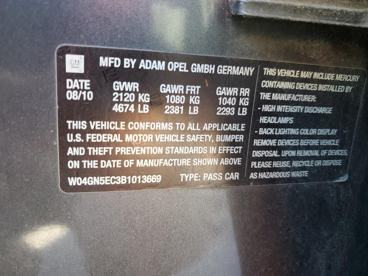 2011 Buick Regal Cxl VIN: W04GN5EC3B1013669 Lot: 90068795