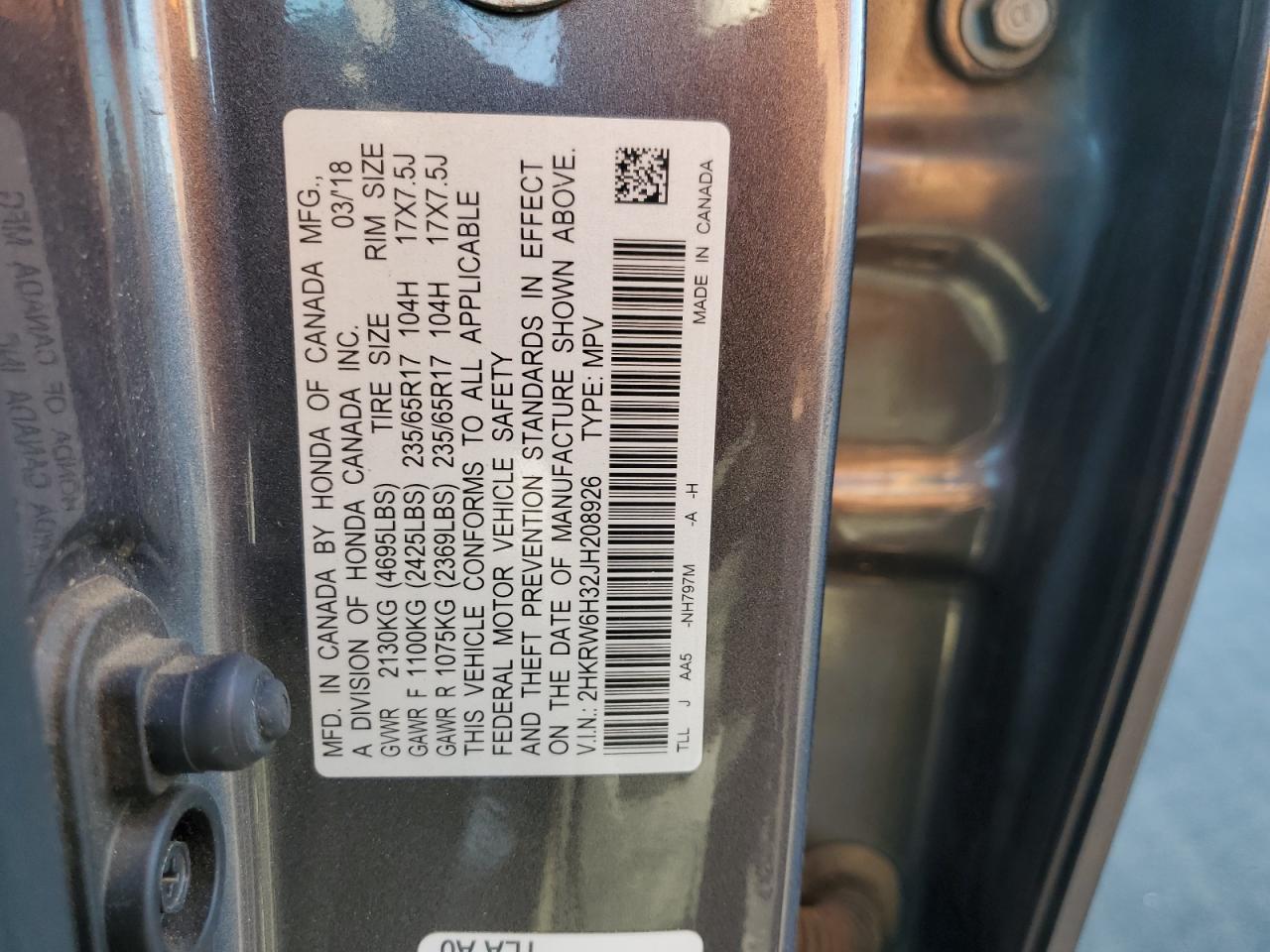 2018 Honda Cr-V Lx VIN: 2HKRW6H32JH208926 Lot: 84997795