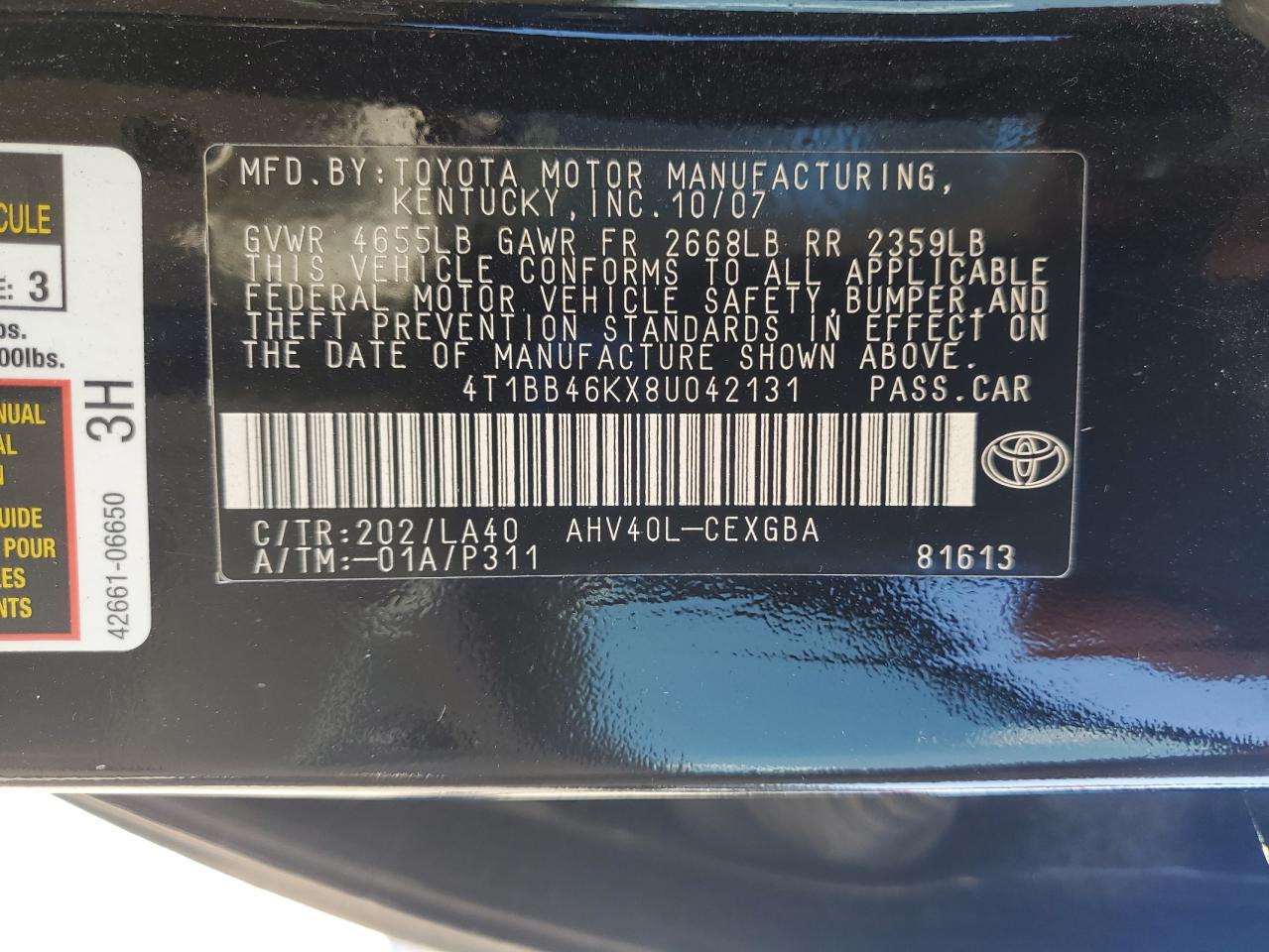 2008 Toyota Camry Hybrid VIN: 4T1BB46KX8U042131 Lot: 86071645