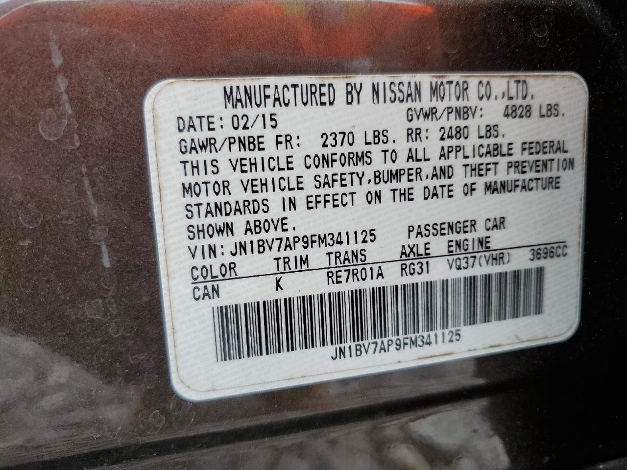2015 Infiniti Q50 Base VIN: JN1BV7AP9FM341125 Lot: 85821955