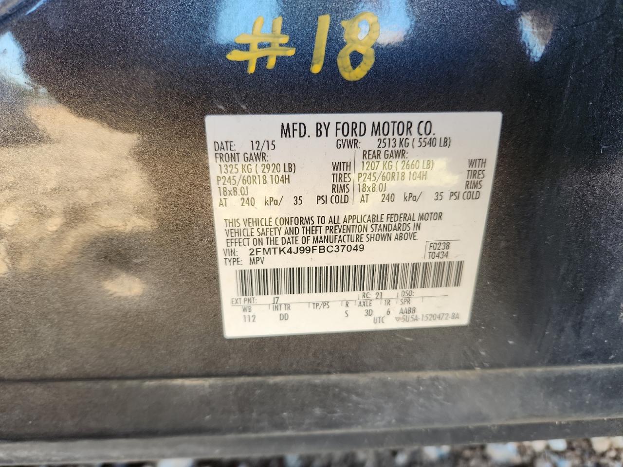 2015 Ford Edge Sel VIN: 2FMTK4J99FBC37049 Lot: 87027955