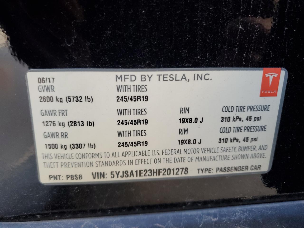 2017 Tesla Model S VIN: 5YJSA1E23HF201278 Lot: 87051025