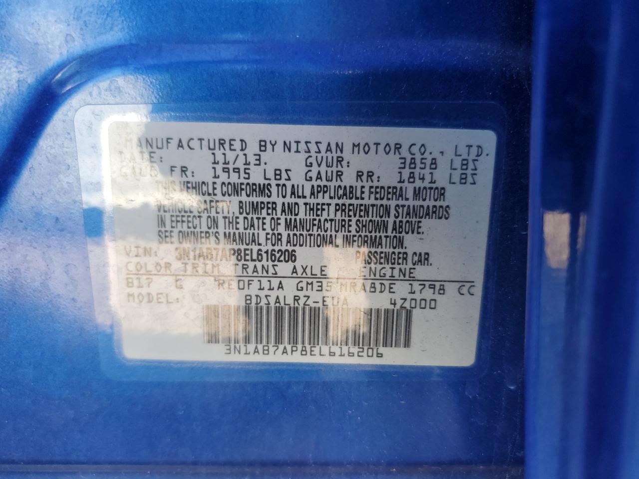 2014 Nissan Sentra S VIN: 3N1AB7AP8EL616206 Lot: 85382965