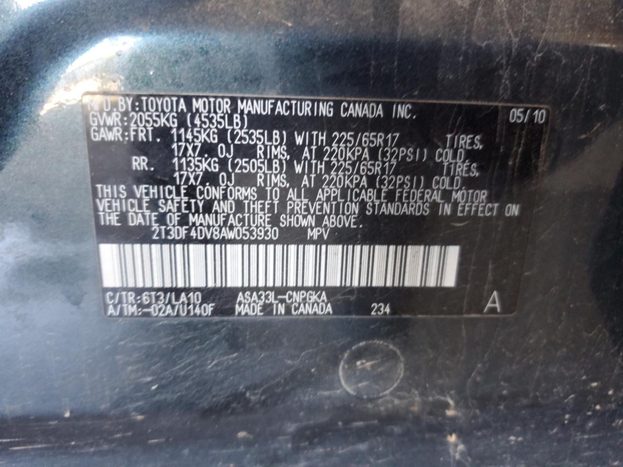 2010 Toyota Rav4 Limited VIN: 2T3DF4DV8AW053930 Lot: 85545085