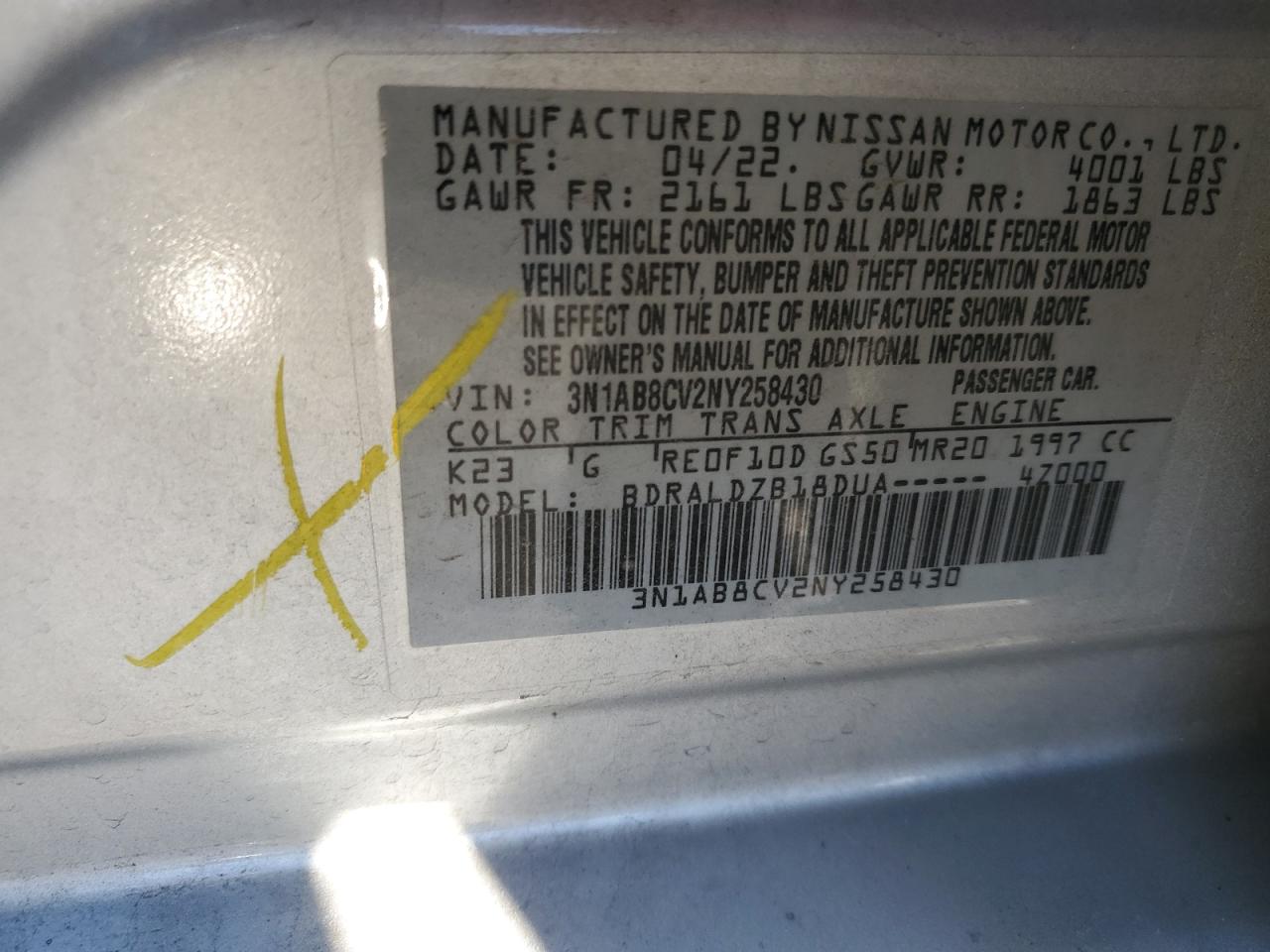 2022 Nissan Sentra Sv VIN: 3N1AB8CV2NY258430 Lot: 85527365