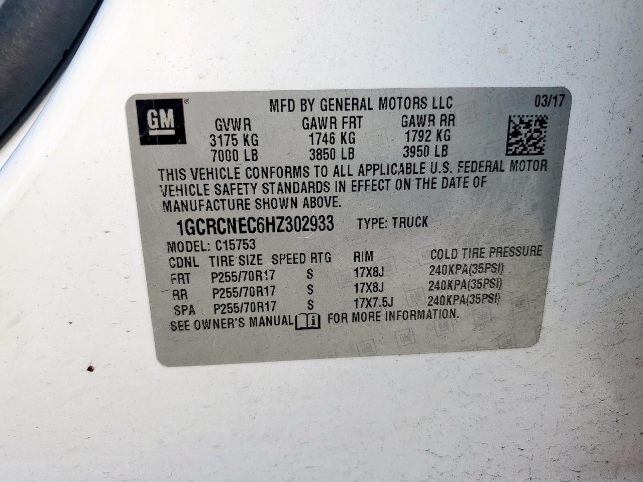 2017 Chevrolet Silverado C1500 VIN: 1GCRCNEC6HZ302933 Lot: 85518745