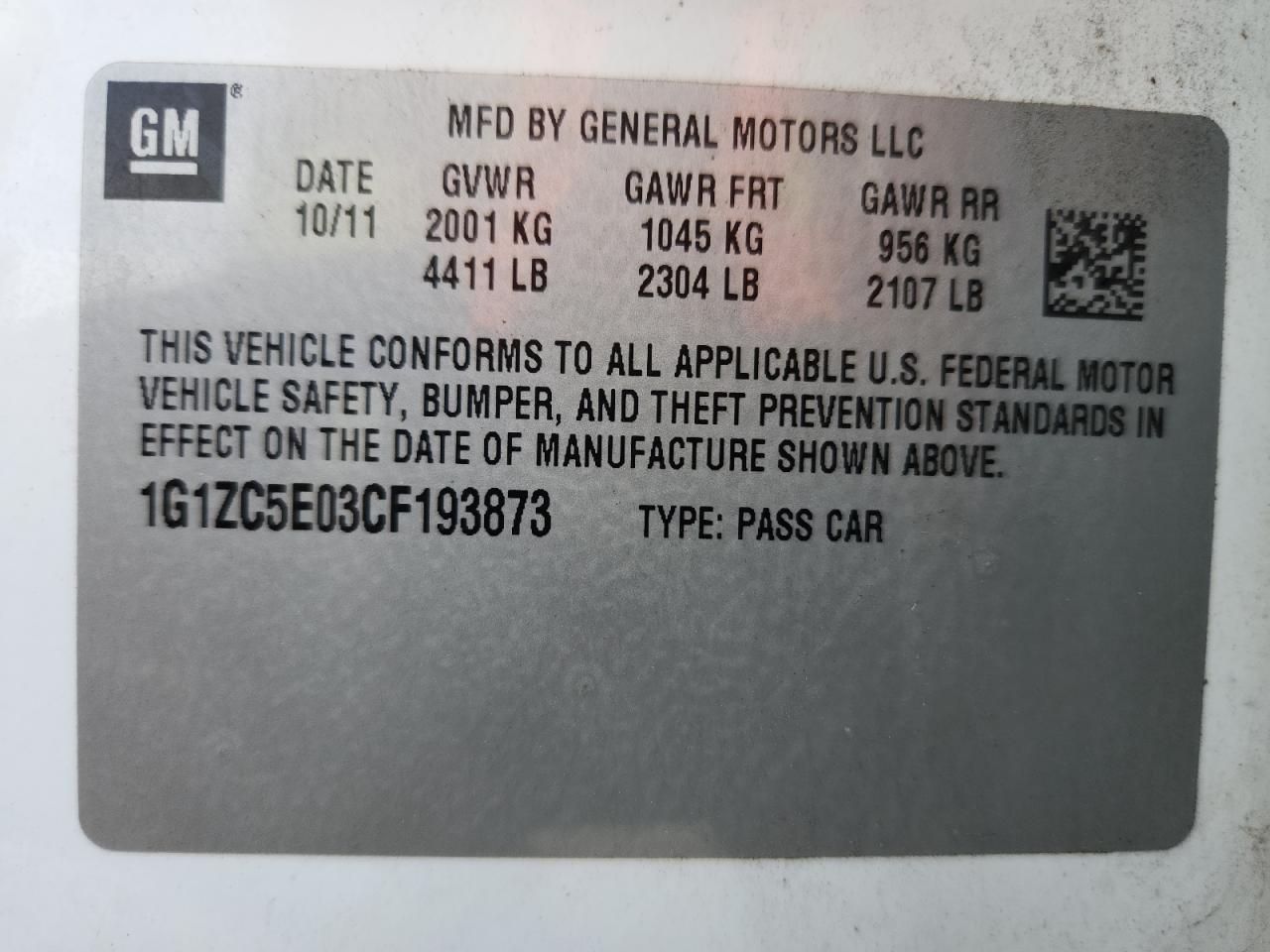 2012 Chevrolet Malibu 1Lt VIN: 1G1ZC5E03CF193873 Lot: 85010935