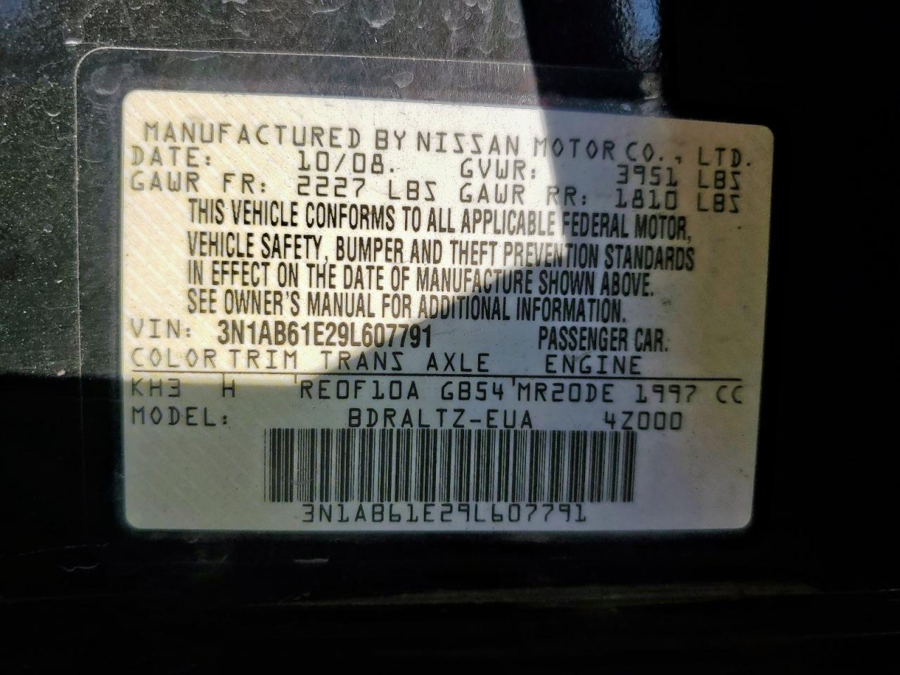 2009 Nissan Sentra 2.0 VIN: 3N1AB61E29L607791 Lot: 85005285